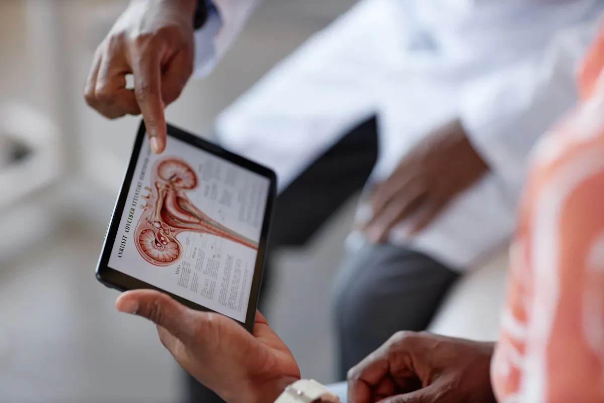 Médecin montrant un schéma anatomique sur une tablette à une patiente en consultation