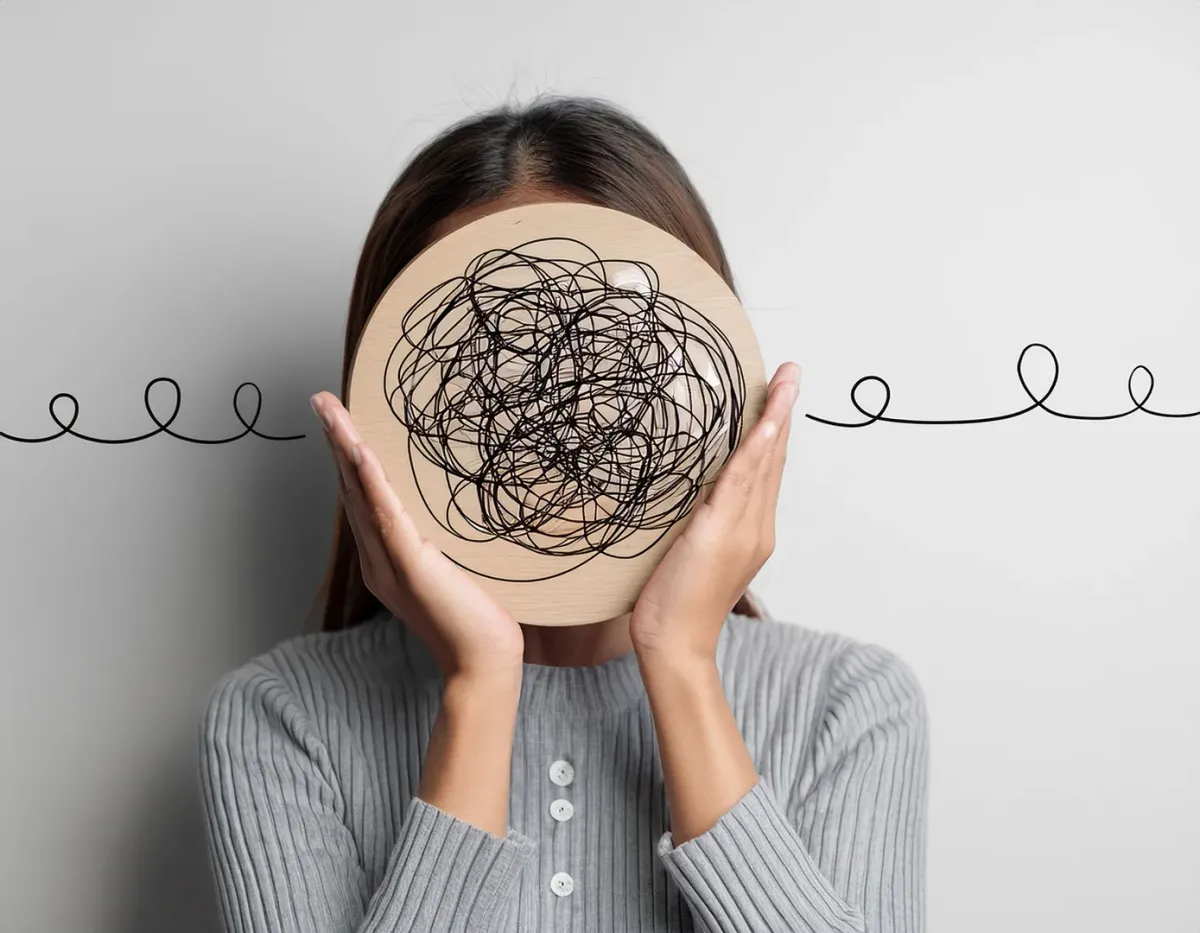 Femme tenant devant son visage un disque de bois où un fil emmêlé se dénoue sur les côtés Femme tenant devant son visage un disque de bois où un fil emmêlé se dénoue sur les côtés