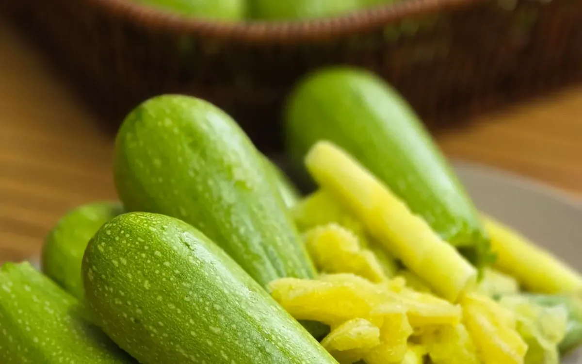 Courgettes fraîches et éplucheur dans un panier