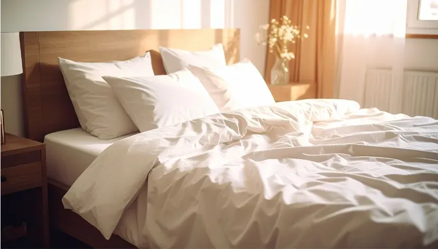 Lit défait aux draps froissés dans la lumière chaude du matin