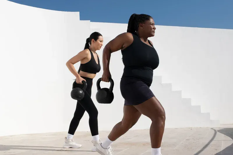 Deux femmes marchent d'un bon pas en extérieur, en tenue de sport