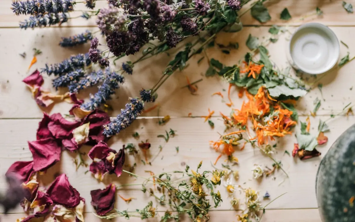 Fleurs et plantes séchées disposées sur une table en bois Fleurs et plantes séchées disposées sur une table en bois