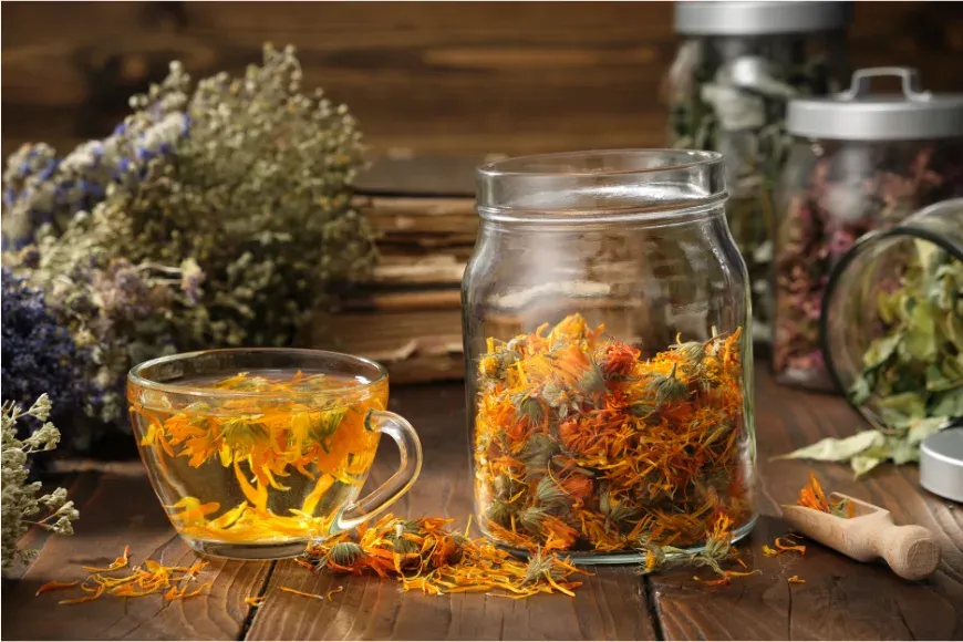 Tisane dans des verres, entourée de plantes séchées sur une table en bois