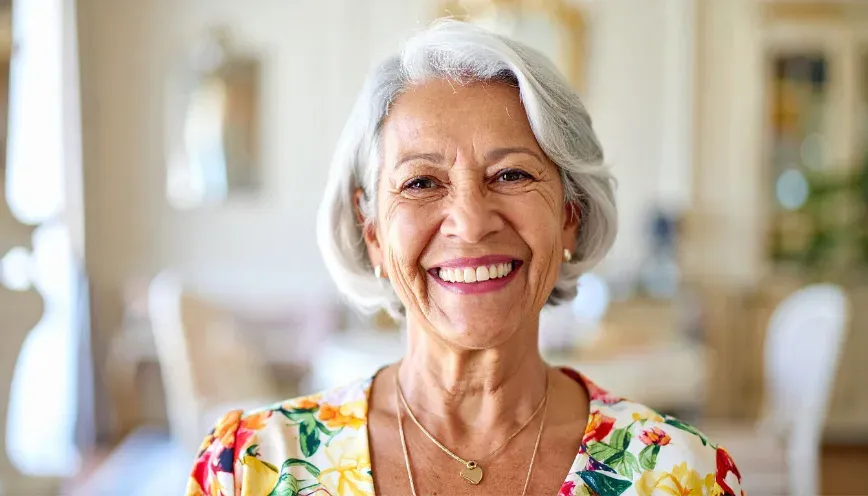 Femme aux cheveux blancs en chemise fleurie, souriante dans une pièce lumineuse